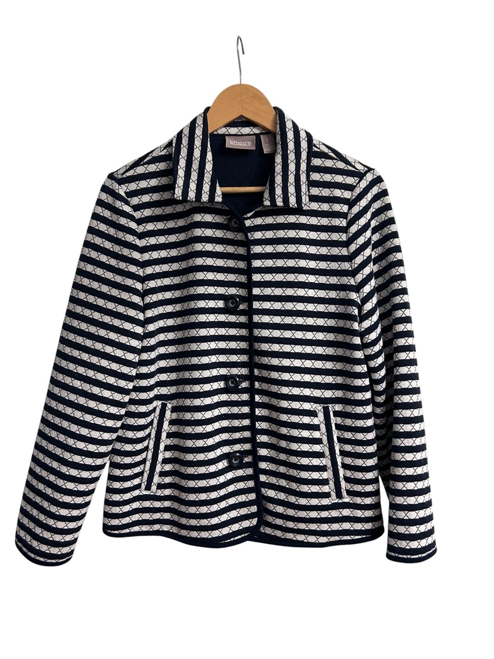 Woman’s Chico’s Size 1 (Medium 8-10 US) & White Striped Quilted Jacket